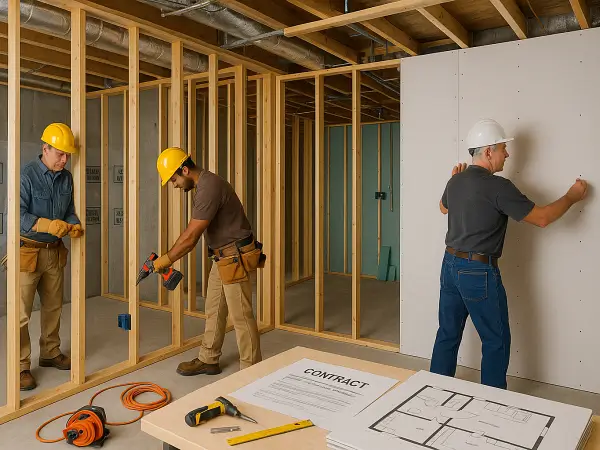 Contractors installing drywall and electrical systems during basement remodeling construction phase